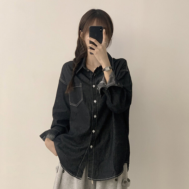 꾸안꾸 종결 오버핏 가을 카라 데님 긴팔 셔츠 루즈핏 무지 Y2K 캐주얼 롱 청남방 3color 흑청