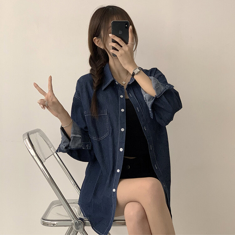 꾸안꾸 종결 오버핏 가을 카라 데님 긴팔 셔츠 루즈핏 무지 Y2K 캐주얼 롱 청남방 3color 진청