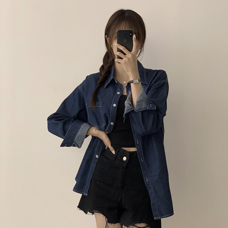 꾸안꾸 종결 오버핏 가을 카라 데님 긴팔 셔츠 루즈핏 무지 Y2K 캐주얼 롱 청남방 3color 진청