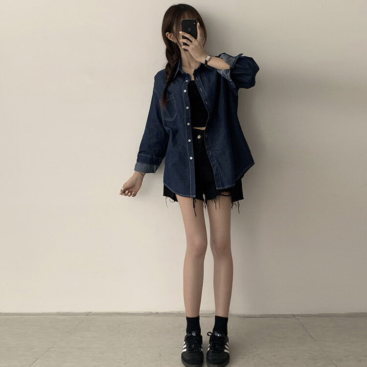 꾸안꾸 종결 오버핏 가을 카라 데님 긴팔 셔츠 루즈핏 무지 Y2K 캐주얼 롱 청남방 3color 진청