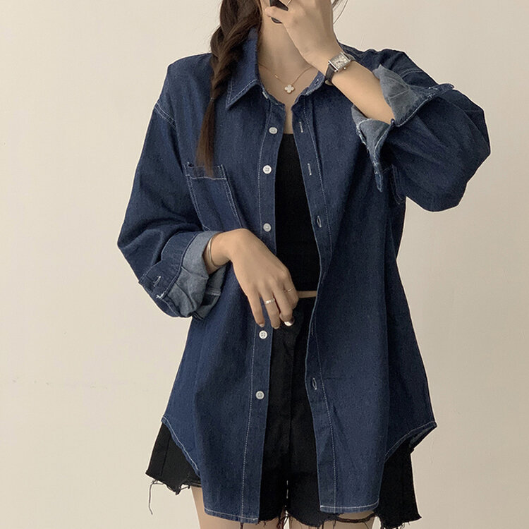 꾸안꾸 종결 오버핏 가을 카라 데님 긴팔 셔츠 루즈핏 무지 Y2K 캐주얼 롱 청남방 3color 진청