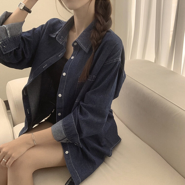 꾸안꾸 종결 오버핏 가을 카라 데님 긴팔 셔츠 루즈핏 무지 Y2K 캐주얼 롱 청남방 3color 진청