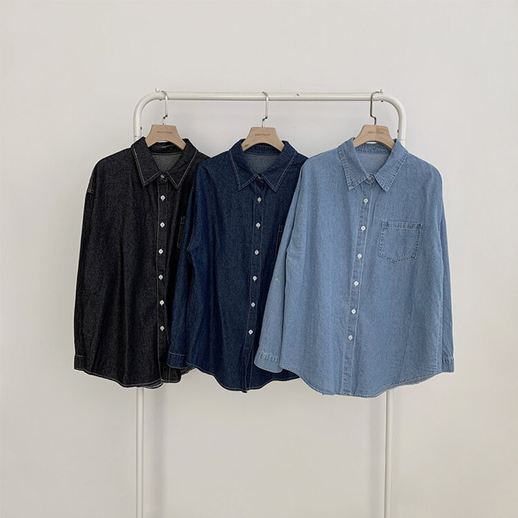 꾸안꾸 종결 오버핏 가을 카라 데님 긴팔 셔츠 루즈핏 무지 Y2K 캐주얼 롱 청남방 3color