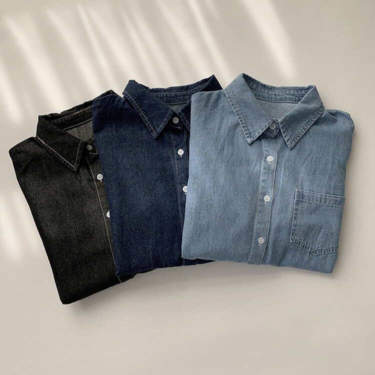 꾸안꾸 종결 오버핏 가을 카라 데님 긴팔 셔츠 루즈핏 무지 Y2K 캐주얼 롱 청남방 3color