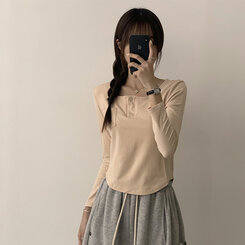 ワンポケットボタンスクエアネッククロップ長袖Tシャツ5色 BEIGE