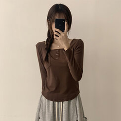 ワンポケットボタンスクエアネッククロップ長袖Tシャツ5色 BROWN