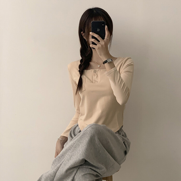 ワンポケットボタンスクエアネッククロップ長袖Tシャツ5色 BEIGE