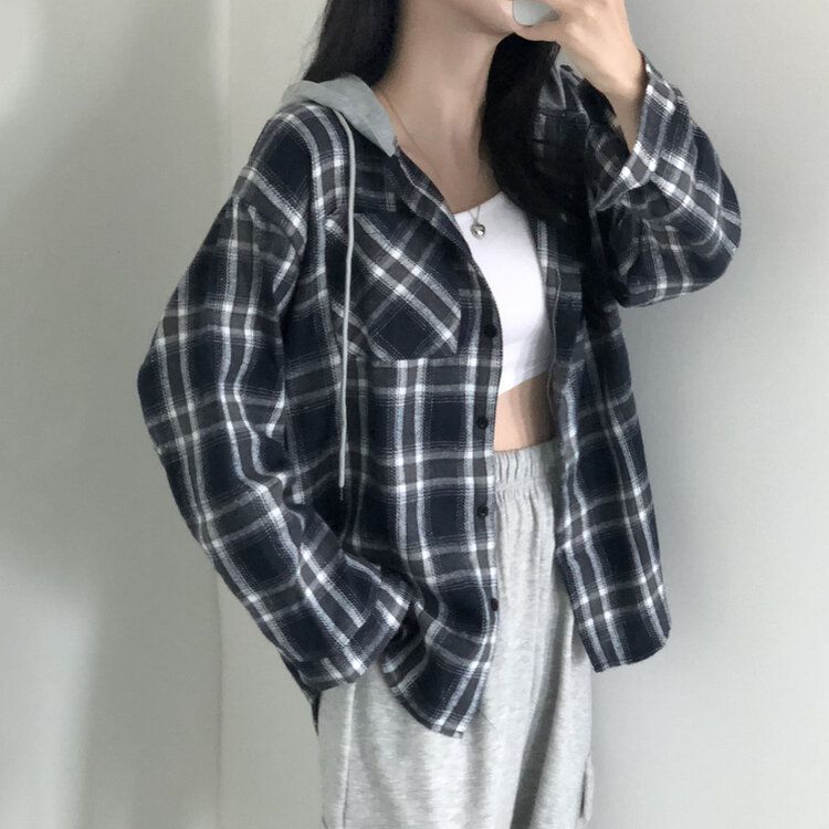 [가을신상!핏보장!]키치 캐주얼 루즈핏 체크 후드티 셔츠 2color 네이비