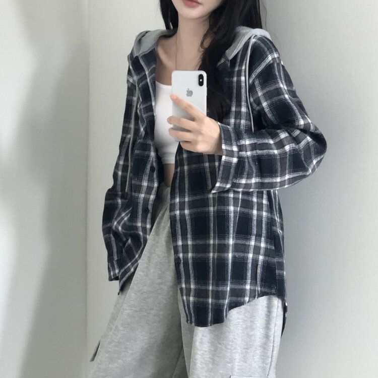 [가을신상!핏보장!]키치 캐주얼 루즈핏 체크 후드티 셔츠 2color 네이비