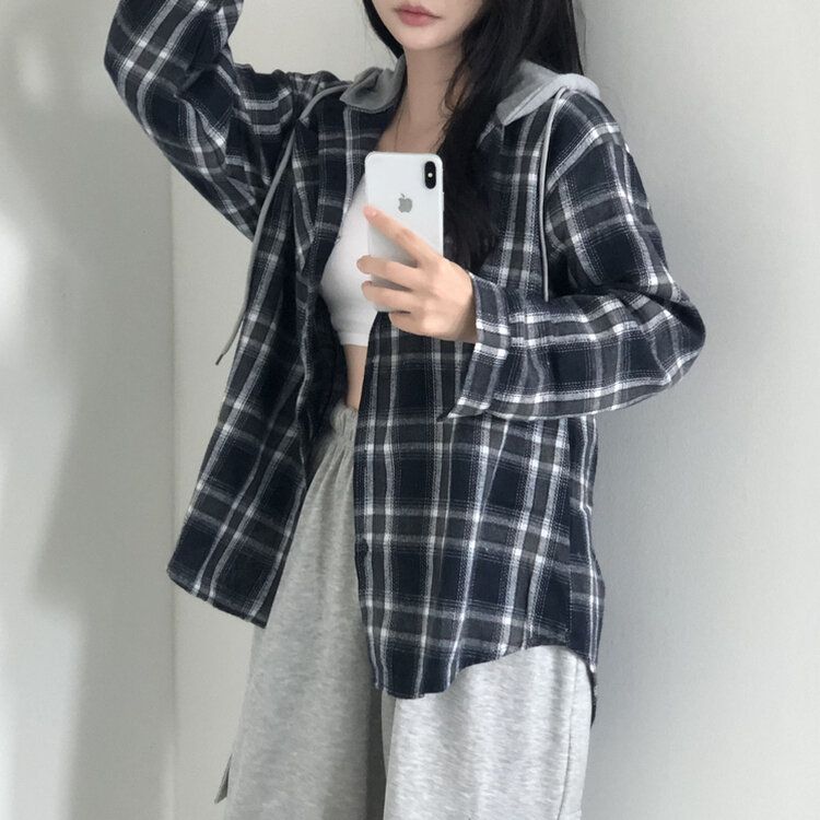 [가을신상!핏보장!]키치 캐주얼 루즈핏 체크 후드티 셔츠 2color 네이비