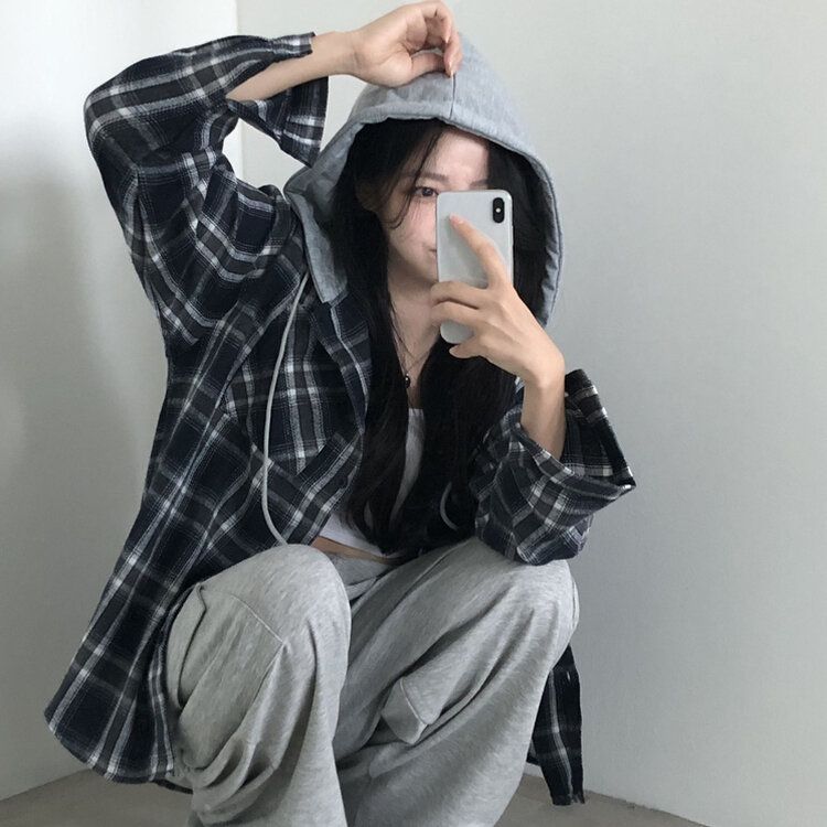 [가을신상!핏보장!]키치 캐주얼 루즈핏 체크 후드티 셔츠 2color 네이비