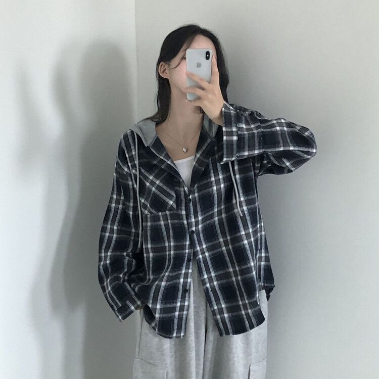 [가을신상!핏보장!]키치 캐주얼 루즈핏 체크 후드티 셔츠 2color 네이비