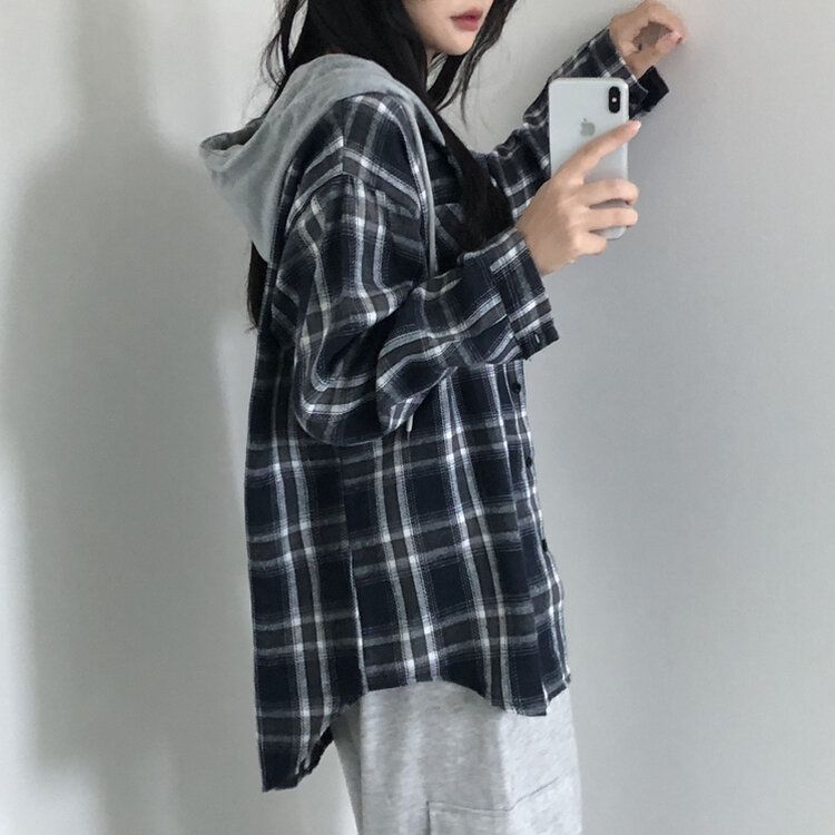 [가을신상!핏보장!]키치 캐주얼 루즈핏 체크 후드티 셔츠 2color 네이비