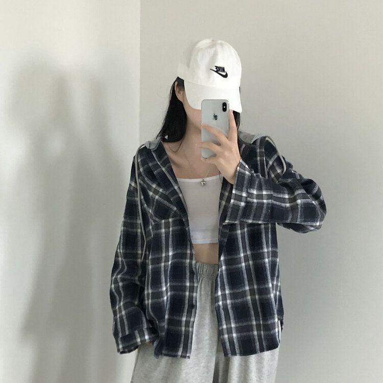 [가을신상!핏보장!]키치 캐주얼 루즈핏 체크 후드티 셔츠 2color 블랙
