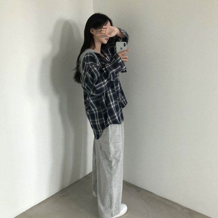 [가을신상!핏보장!]키치 캐주얼 루즈핏 체크 후드티 셔츠 2color 블랙