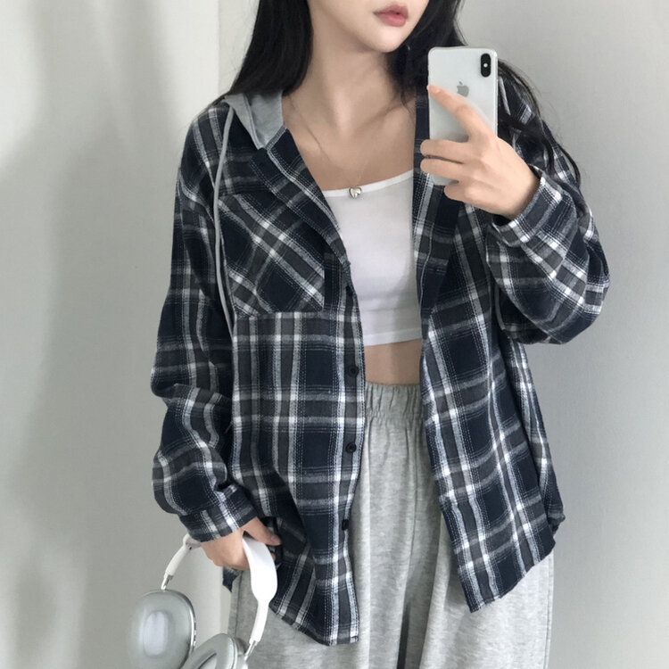 [가을신상!핏보장!]키치 캐주얼 루즈핏 체크 후드티 셔츠 2color 블랙