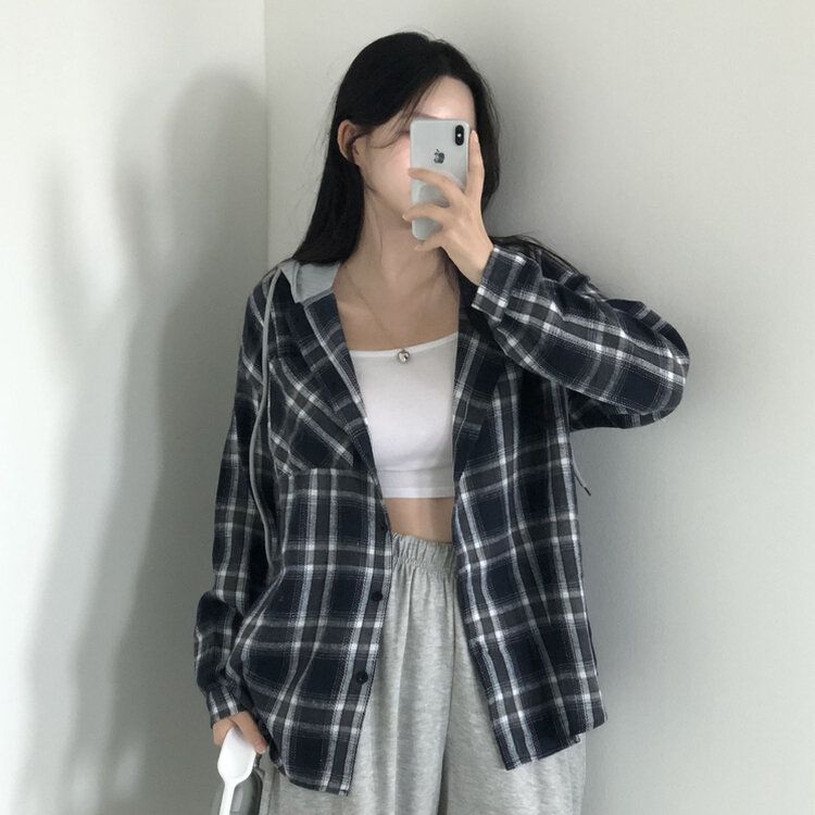 [가을신상!핏보장!]키치 캐주얼 루즈핏 체크 후드티 셔츠 2color 블랙