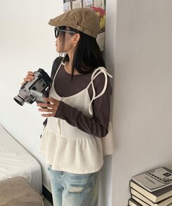 長袖Tシャツ ラウンドネックボートネックレイヤード長袖Tシャツ8色 BROWN