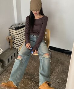 長袖Tシャツ ラウンドネックボートネックレイヤード長袖Tシャツ8色 BROWN