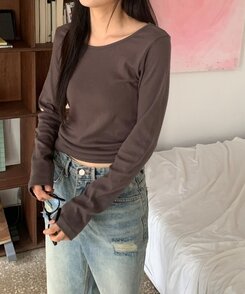 長袖Tシャツ ラウンドネックボートネックレイヤード長袖Tシャツ8色 BROWN