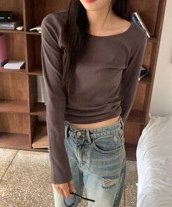 長袖Tシャツ ラウンドネックボートネックレイヤード長袖Tシャツ8色 BROWN