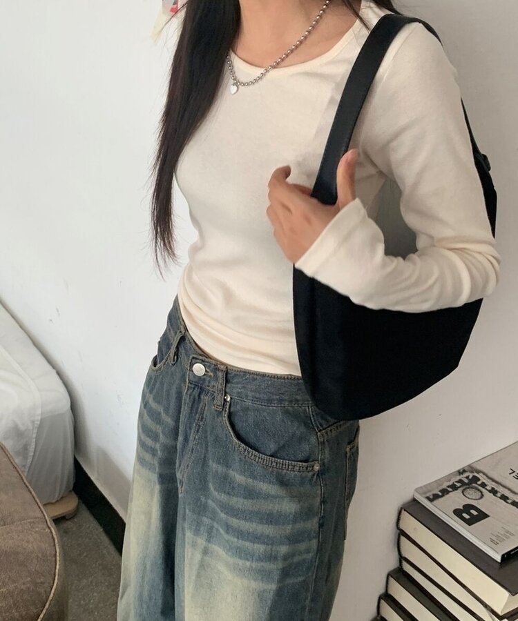 ラウンドネックボートネックレイヤード長袖Tシャツ8色 LIGHT BEIGE