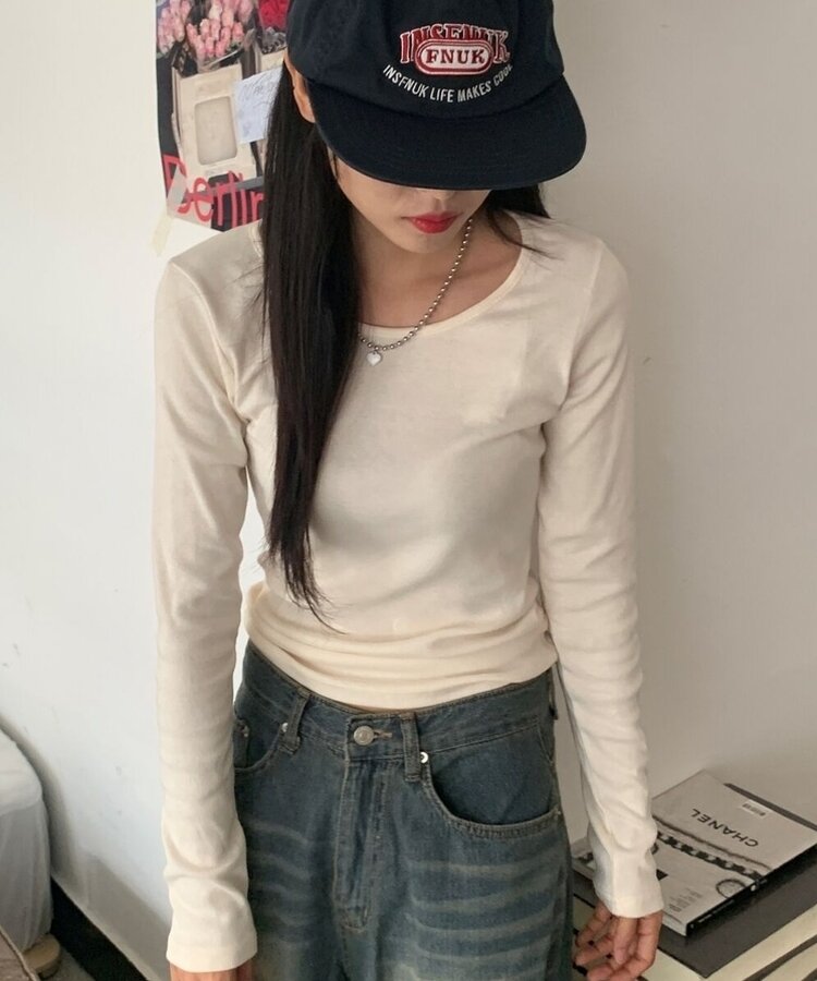 ラウンドネックボートネックレイヤード長袖Tシャツ8色 LIGHT BEIGE