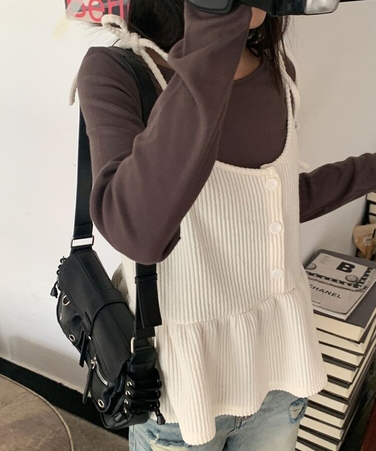 ラウンドネックボートネックレイヤード長袖Tシャツ8色 BROWN