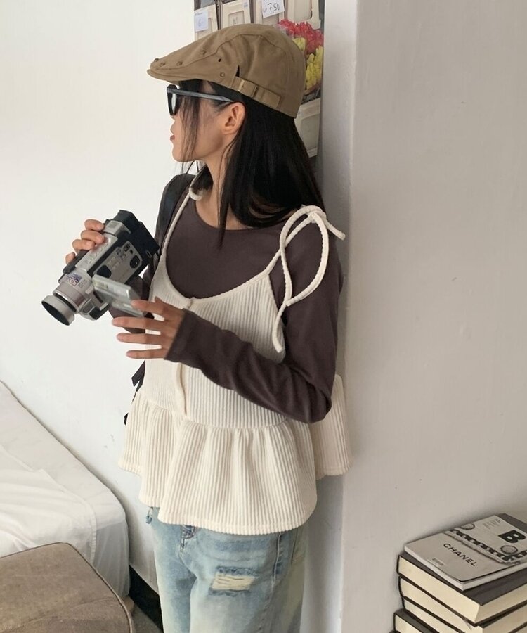 ラウンドネックボートネックレイヤード長袖Tシャツ8色 BROWN