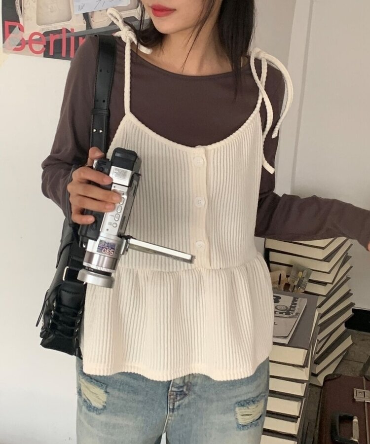 ラウンドネックボートネックレイヤード長袖Tシャツ8色 BROWN