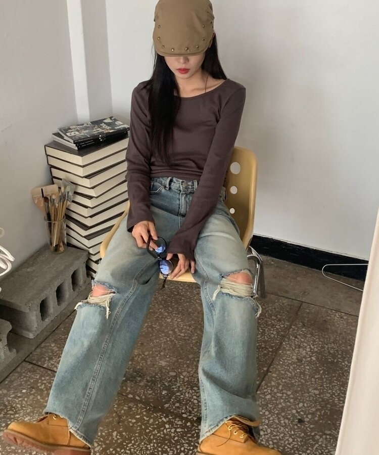 ラウンドネックボートネックレイヤード長袖Tシャツ8色 BROWN