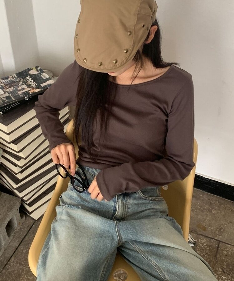 ラウンドネックボートネックレイヤード長袖Tシャツ8色 BROWN