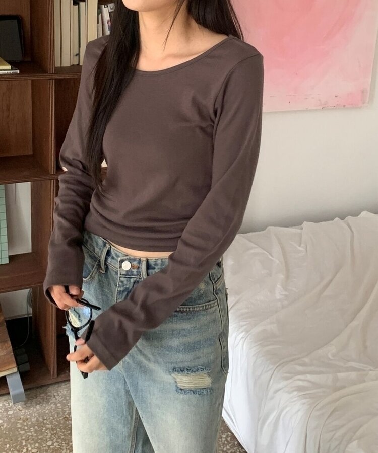 ラウンドネックボートネックレイヤード長袖Tシャツ8色 BROWN