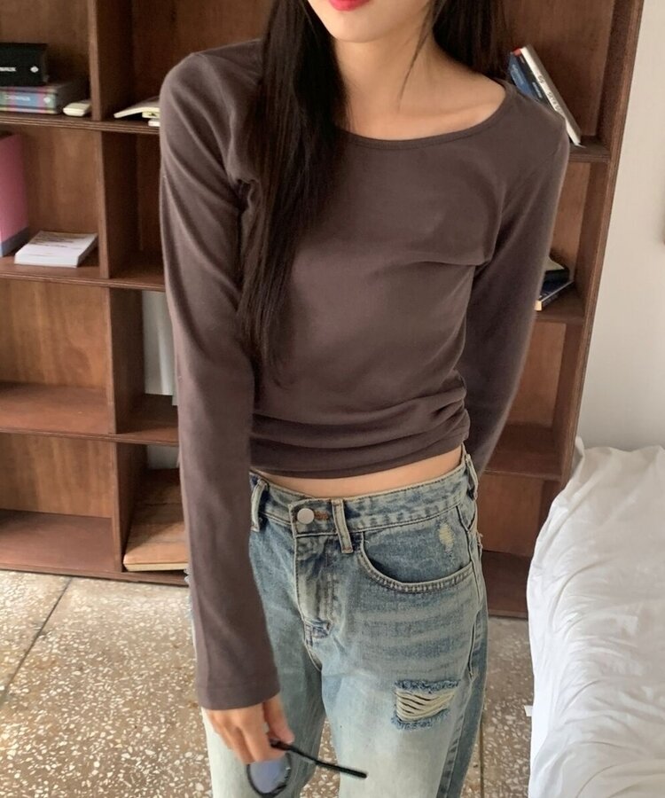 ラウンドネックボートネックレイヤード長袖Tシャツ8色 BROWN