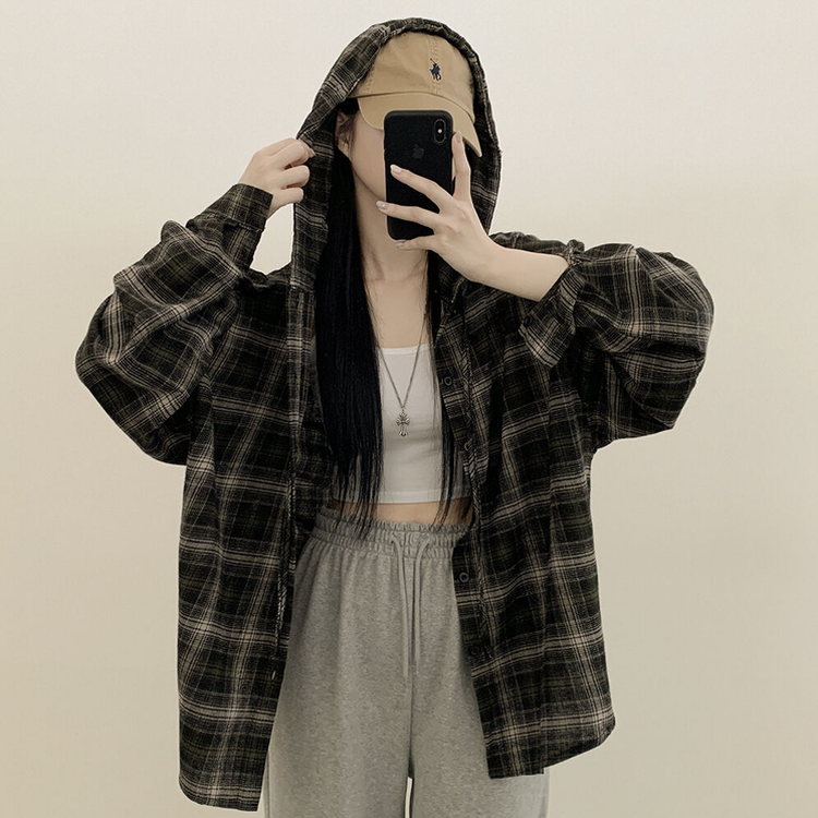힙한 피치면 빈티지 후드 스트링 체크셔츠 집업 개강룩 캠퍼스룩 카키