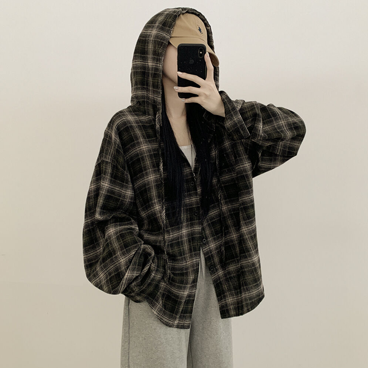 힙한 피치면 빈티지 후드 스트링 체크셔츠 집업 개강룩 캠퍼스룩 카키