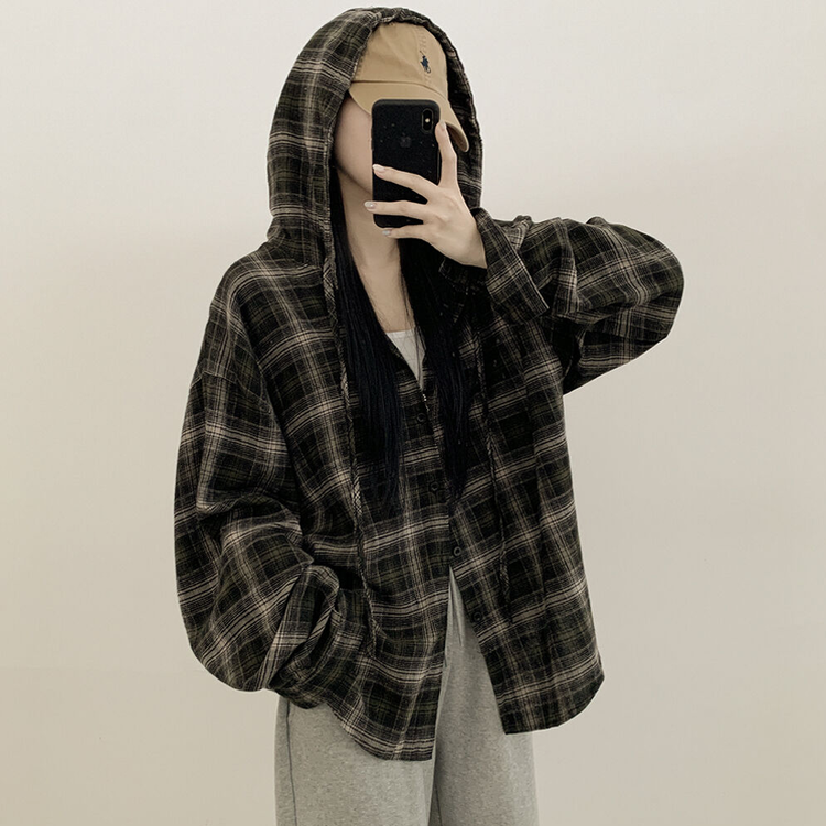 힙한 피치면 빈티지 후드 스트링 체크셔츠 집업 개강룩 캠퍼스룩 카키