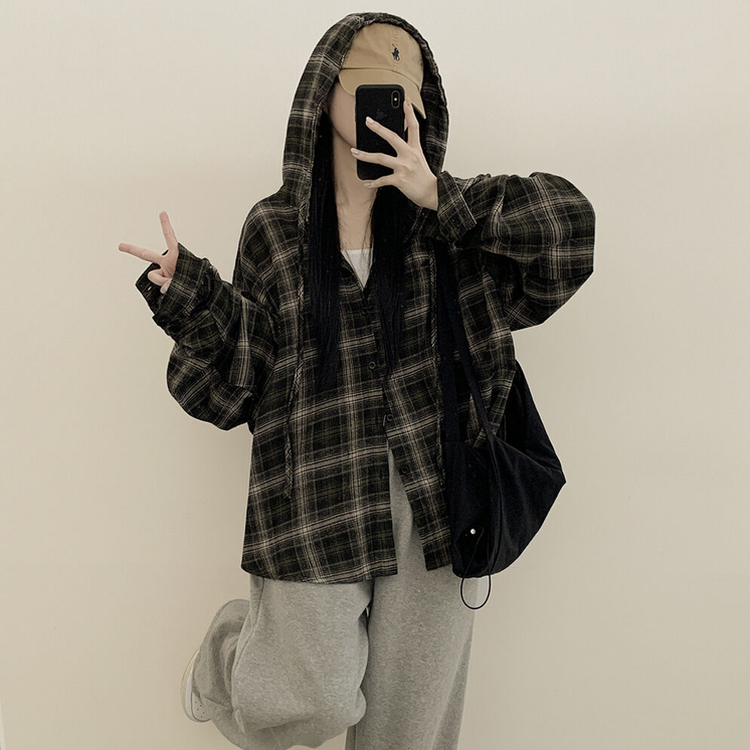 힙한 피치면 빈티지 후드 스트링 체크셔츠 집업 개강룩 캠퍼스룩 카키