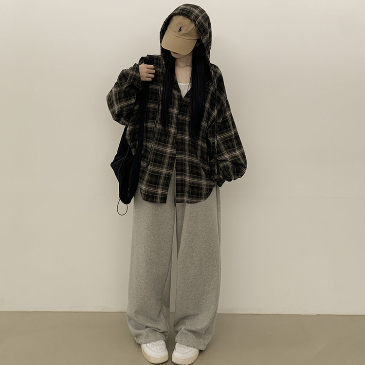 힙한 피치면 빈티지 후드 스트링 체크셔츠 집업 개강룩 캠퍼스룩 카키