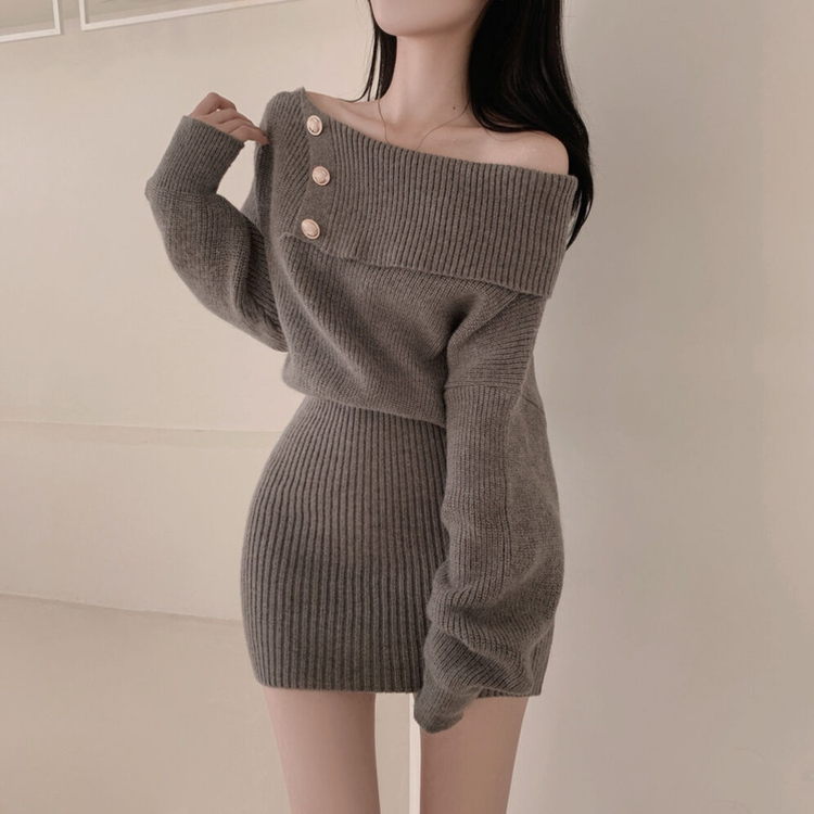 M me eme／Off shoulder pleate knit mini one piece(eme10483