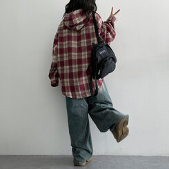 ビンテージチェックフードシャツ BURGUNDY