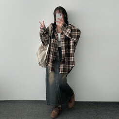 ビンテージチェックフードシャツ BROWN