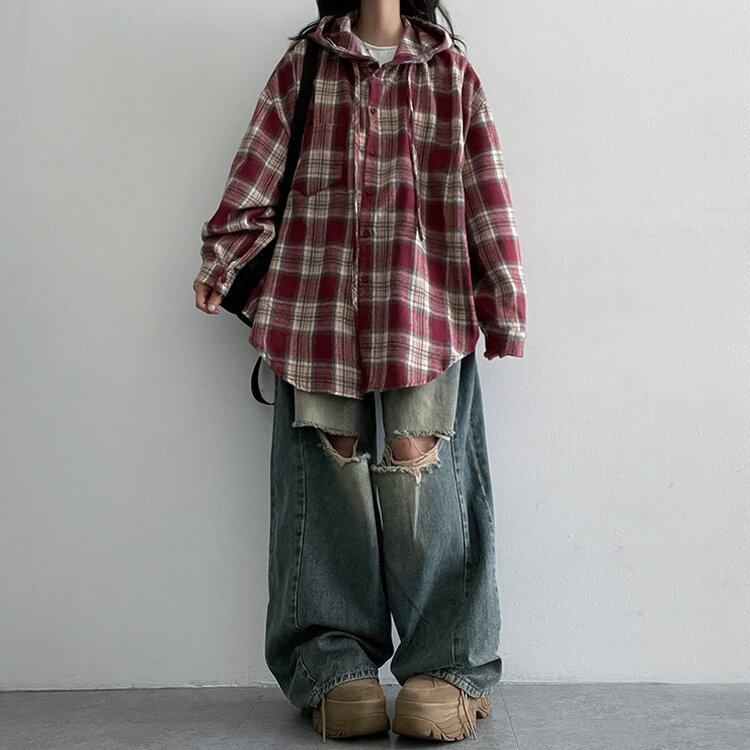 ビンテージチェックフードシャツ BURGUNDY