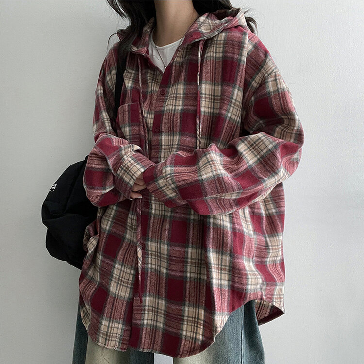 ビンテージチェックフードシャツ BURGUNDY