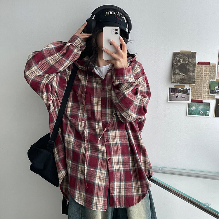 ビンテージチェックフードシャツ BURGUNDY