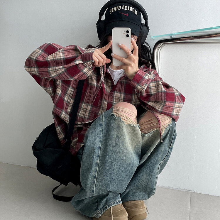 ビンテージチェックフードシャツ BURGUNDY