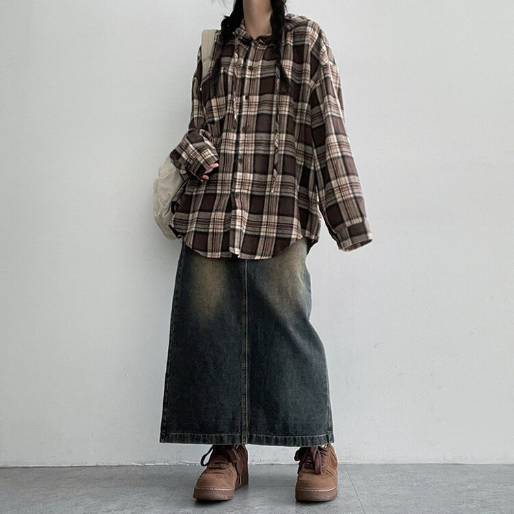 ビンテージチェックフードシャツ BROWN