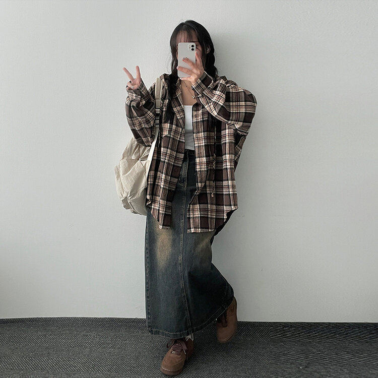 ビンテージチェックフードシャツ BROWN