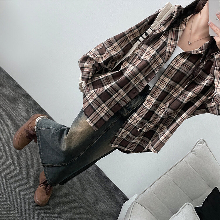 ビンテージチェックフードシャツ BROWN