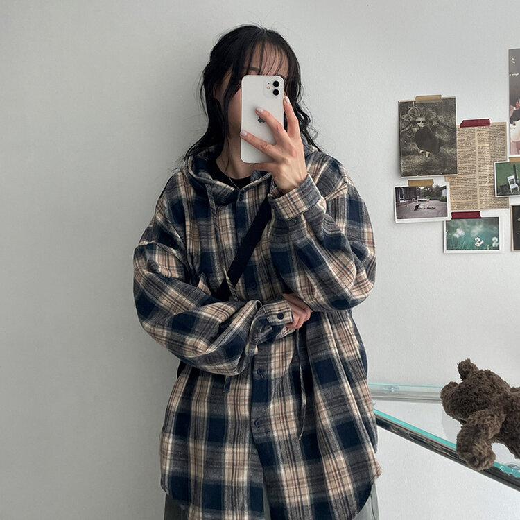 ビンテージチェックフードシャツ NAVY